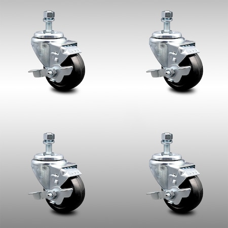 Service Caster 3.5 Inch SS Hard Rubber Wheel Swivel 10mm Threaded Stem Caster Set Brake SCC SCC-SSTS20S3514-HRS-TLB-M1015-4
